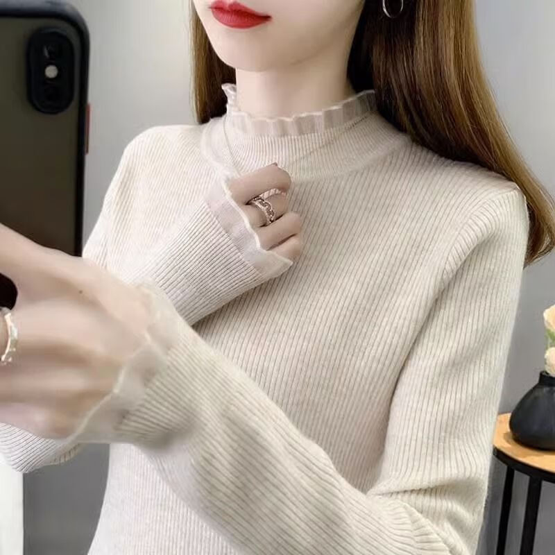 花边半高领打底衫秋季中领甜美打底衫半高领上衣内搭蕾丝衫 杏色 均码 【80-120斤】