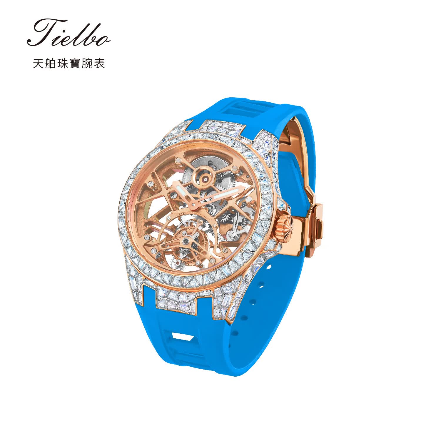 TIELBO/天舶官方正品 850圆形镂空陀飞轮机械机芯防水男士手腕表 蓝色 46mm
