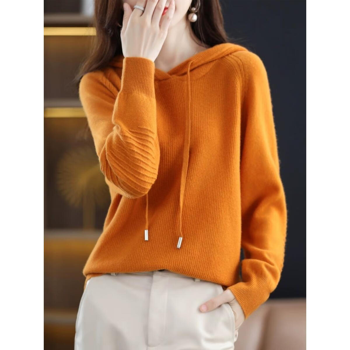 EMZ鄂尔多斯2025年春秋冬新款秋冬季带帽羊毛衫女士毛衣宽松连帽针织 中国红 中国红 S