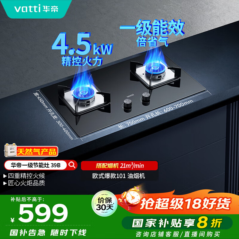 华帝（VATTI）国家补贴燃气灶天然气双灶家用台式嵌入式4.2kW钢化玻璃一级能效双灶台灶具i10039B【天然气产品】