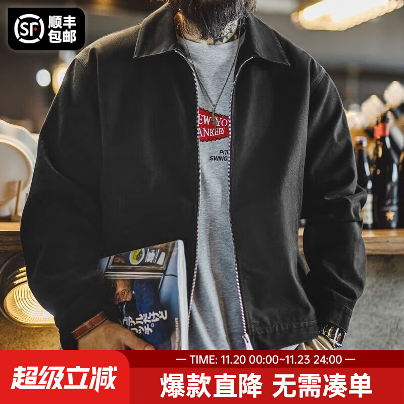 马登工装美式休闲IKE棉织教练夹克男外套春秋薄款黑色廓形男士上衣 黑色 【潮流痞帅/男生/2025新款】 M