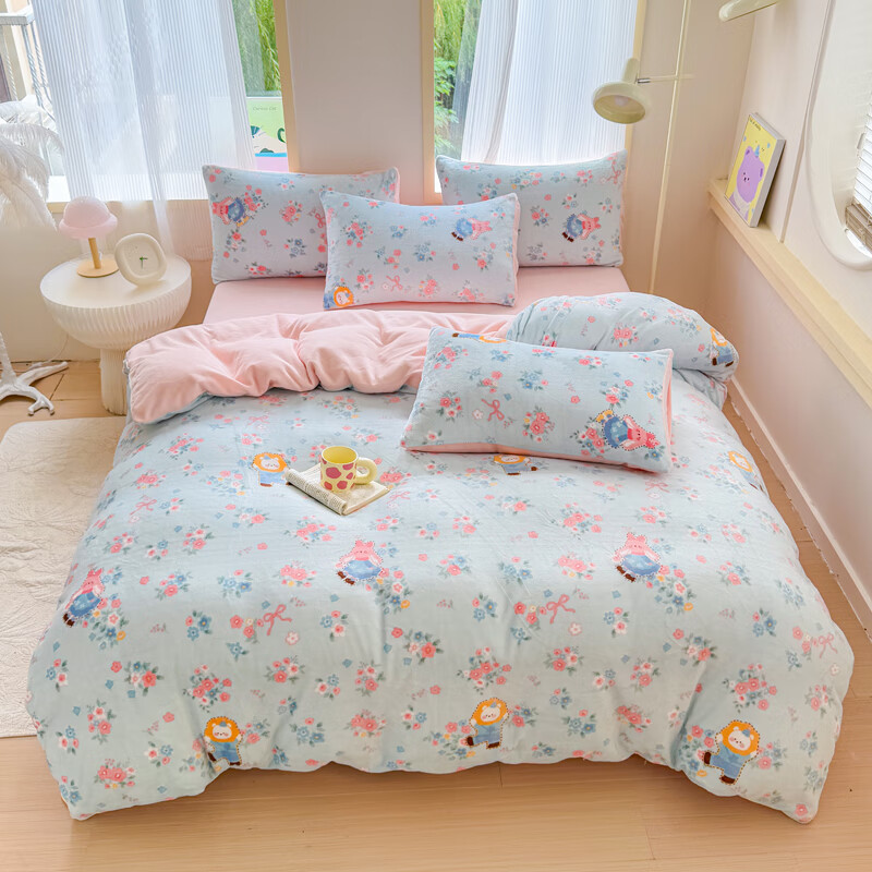 伊路卡新款牛奶绒四件套秋冬季保暖珊瑚绒床上用品儿童被套床单 一帘幽梦  1.5米或1.8米床  床笠款 专拍【留言床尺寸】