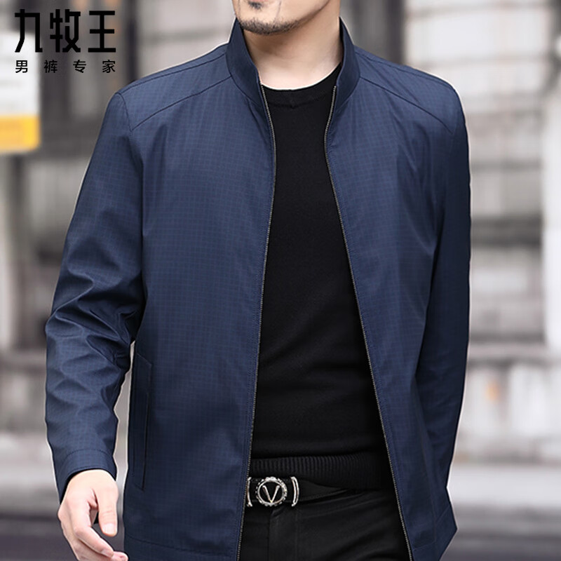 九牧王（JOEONE）夾克外套秋冬季新款男士商務(wù)休閑立領(lǐng)格子抗皺高端行政茄克 9559-深藍(lán) 3XL 190【建議體重170-185斤】
