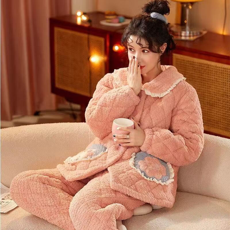 chunnian睡衣女秋冬加绒加厚珊瑚绒三层夹棉袄法兰绒女士保暖家居服套装 XEQN-62695 L