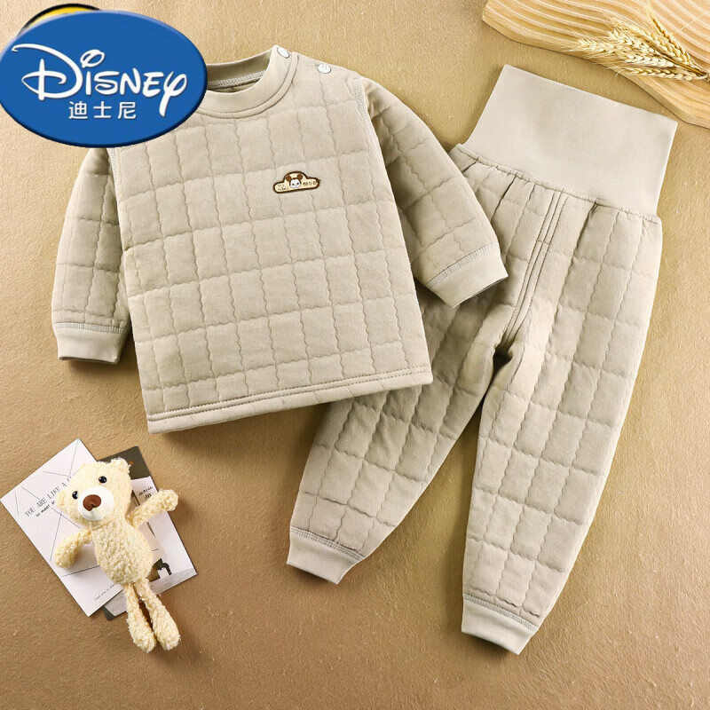 迪士尼（Disney）婴儿保暖内衣套装春秋季加厚新生儿衣服纯棉宝宝秋装儿童夹棉秋冬 银灰-套装肩开 66 cm