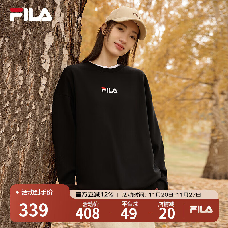 FILA 斐乐女装卫衣男女同款套头卫衣秋冬情侣款休闲加绒保暖长袖上衣 正黑色-BK XL 180/100A/XL