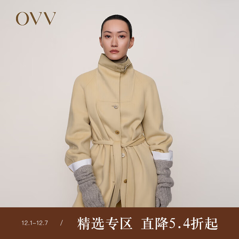 OVV秋冬热卖女装领口拼小羊皮设计配腰带单排扣长款大衣 燕麦(净色)C2 M