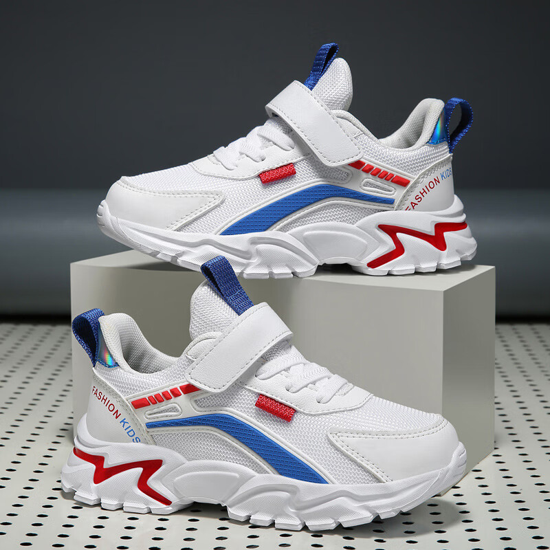 贝天熊春秋中大童鞋男童双网透气运动鞋女童网鞋小白鞋789岁小男孩皮面 BJL308白蓝【双网】 28 内长17.8/脚16.8