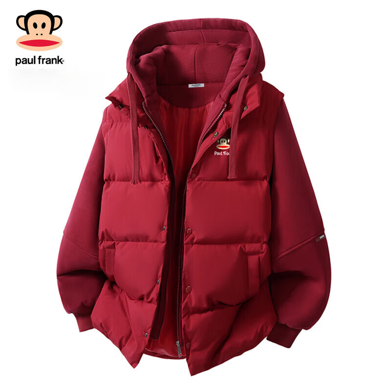 大嘴猴(paul frank)连帽情侣款棉服男士春季羽休闲加绒宽松保暖袄厚风大上衣外套服装 黑插咖色 【官方正品】 L 【建议120-140斤】