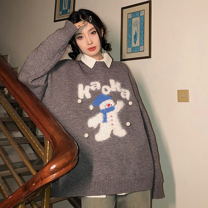 相伊恋人毛衣女25秋冬新款加绒加厚针织衫美式圣诞慵懒风上衣宽松内搭外套 红色【软糯升级亲肤】 均码 【建议80-140斤】