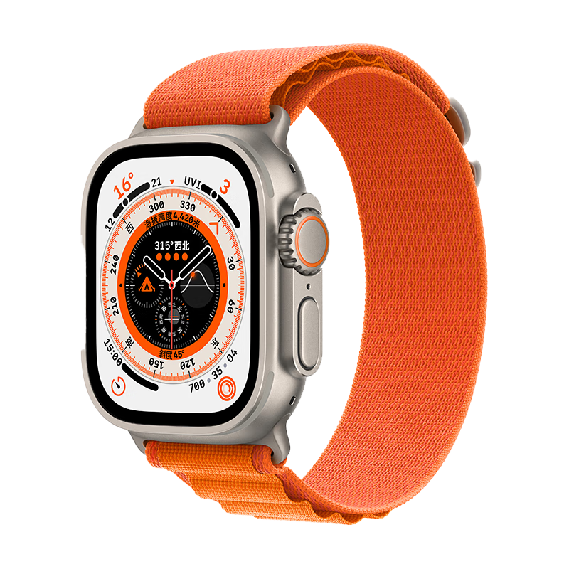 Apple 苹果 Watch Ultra 智能手表 49mm GPS+蜂窝网络款 钛金属原色表壳 橙色高山回环式表带 小号（GPS、血氧、ECG）