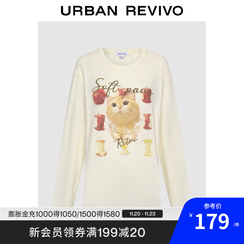 UR2025秋季新款女装趣味休闲猫咪宽松长袖T恤UYL450281 粉白 M