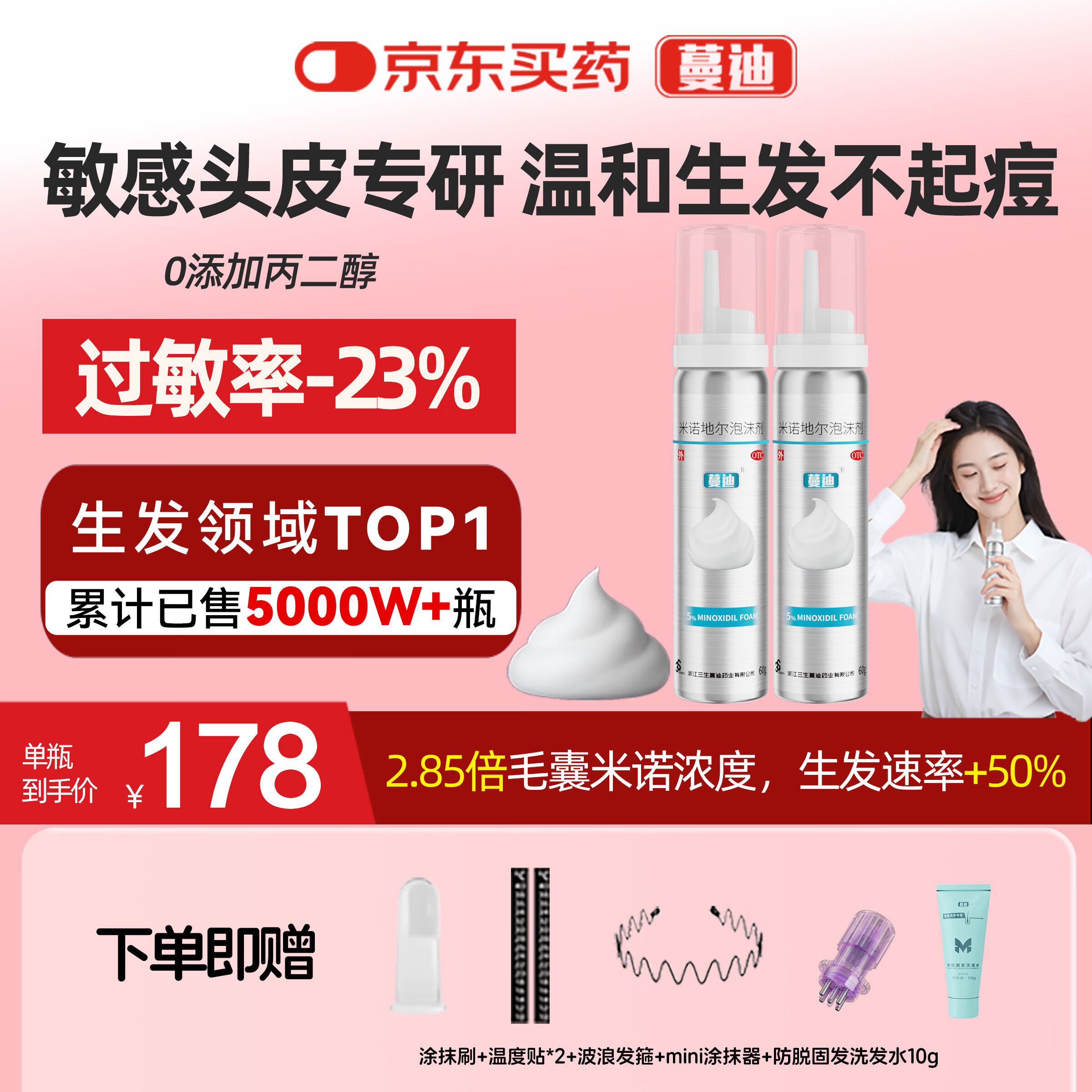 【第二代米诺地尔】蔓迪生发泡沫剂60g*2（倍速生发 温和不起痘）防脱育发增发液5%浓度酊搽剂
