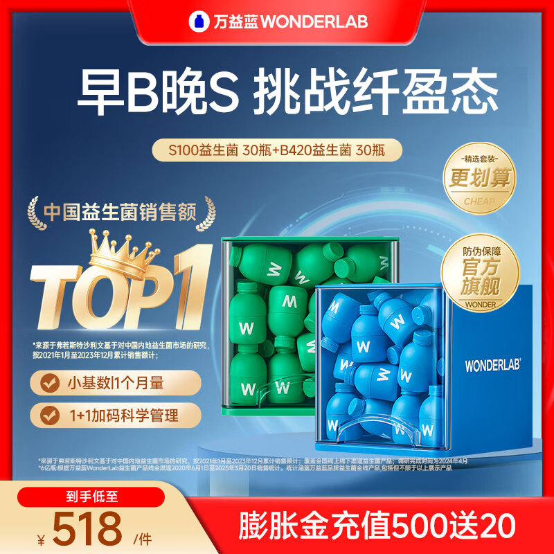 万益蓝(WONDERLAB)B420+S100益生菌 成人调益生元肠活理谢小绿瓶脂代 早B晚S好搭档 【双重助力|30天早晚搭配】早B晚S-到手60瓶