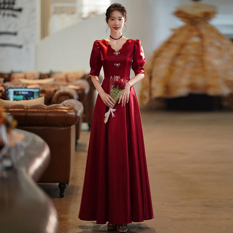 妙微熊酒红色结婚敬酒服小个子订婚礼服2022感新娘礼服裙回门女 酒