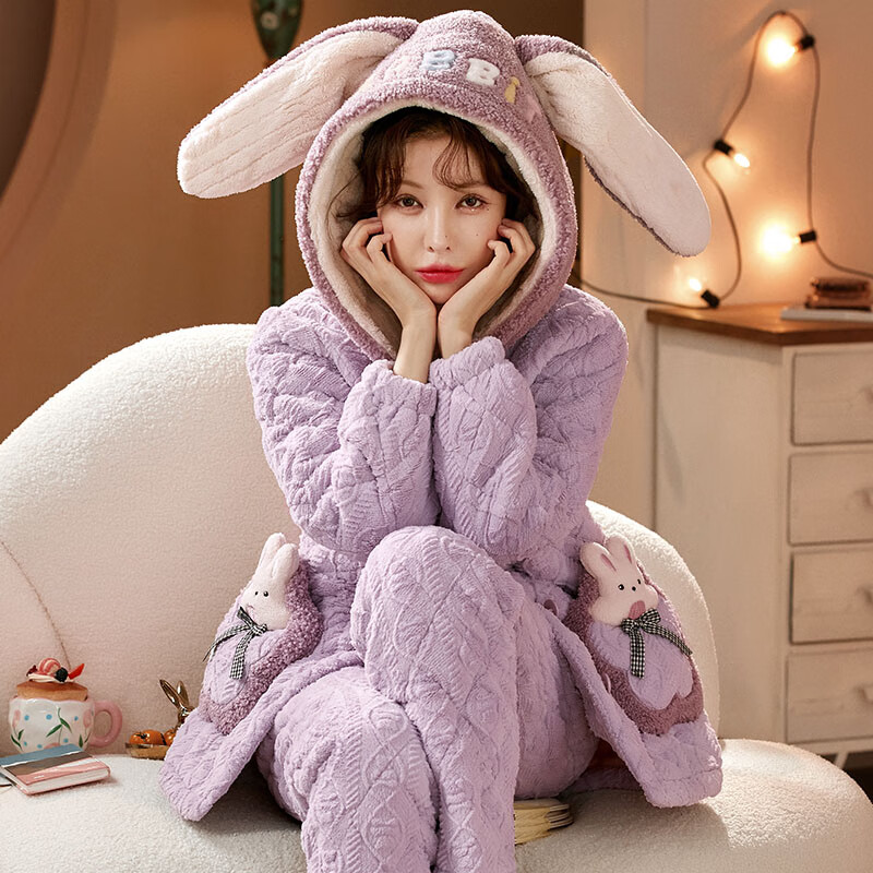 chunnian女士睡衣女冬季保暖珊瑚绒加厚加绒三层夹棉法兰绒带帽家居服套装 XEQN-2374【外套+裤子】 L