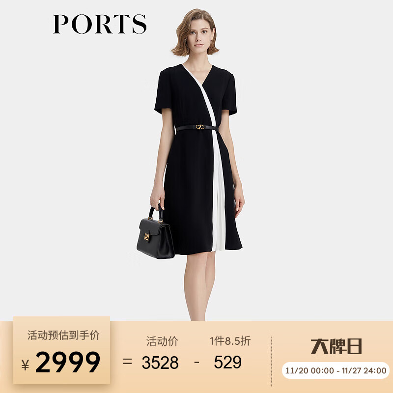 PORTS宝姿女装2024春夏新款时尚优雅黑白撞色叠片V领褶裥拼接连衣裙 黑色 M (6)