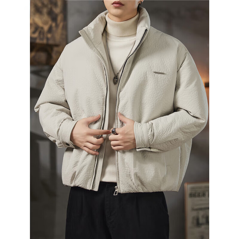 邦约恋人潮牌美式复古米色立领夹克男士2025秋冬新款时尚潮痞帅羽绒外套男 纯黑色 GY7330 3XL 建议体重 181-205斤
