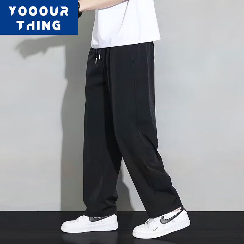 YOOOURTHING 冰丝夏季薄款男休闲裤速干宽松百搭潮牌垂感运动休闲直筒阔腿裤 K8818-黑色 2XL (建议125-145斤)