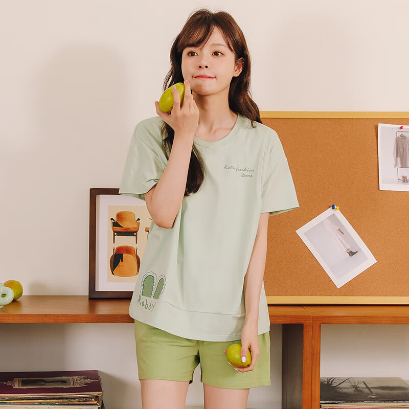 米度麗月子服夏季薄款產(chǎn)后純棉孕婦哺乳睡衣夏天短袖產(chǎn)婦喂奶家居服夏裝 綠色 M