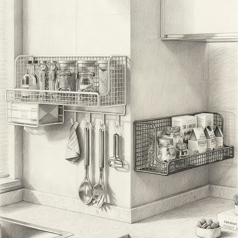 尔思家厨房置物架多功能调料架挂勺子铲子的架子免打孔壁挂葱姜蒜收纳架 40CM白色【纸巾盒款】