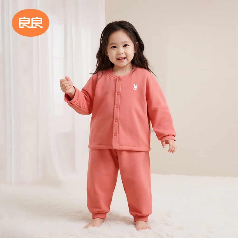 良良【精选】婴儿秋冬套装宝宝纯棉加厚衣服儿童分体保暖睡袋100G棉 咕咪-夹棉正襟套装|80cm 均码 适合室内温度10-20°