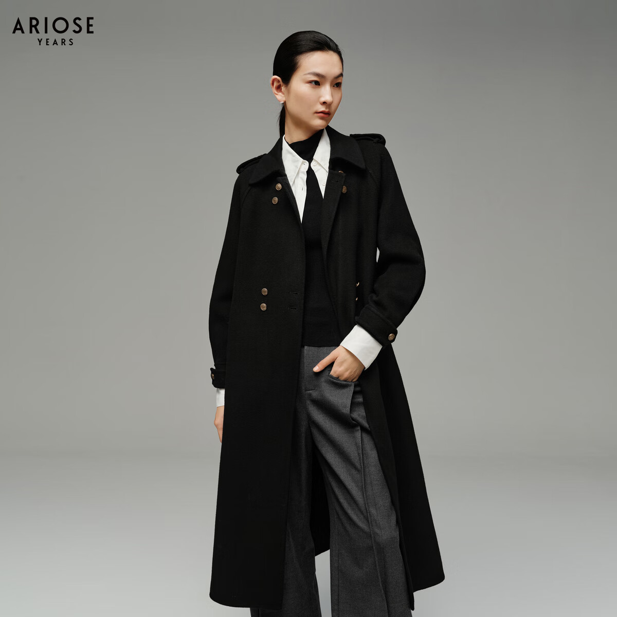 艾诺丝雅诗【商场同款】冬季新款显瘦羊毛羊绒双面呢大衣呢外套31032328 黑色 S