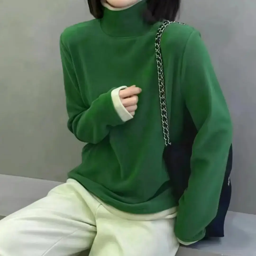 冬季双面绒保暖打底衫上衣女士2025新款休闲百搭大码半高领内搭 绿色 L 【建议体重90-105斤】