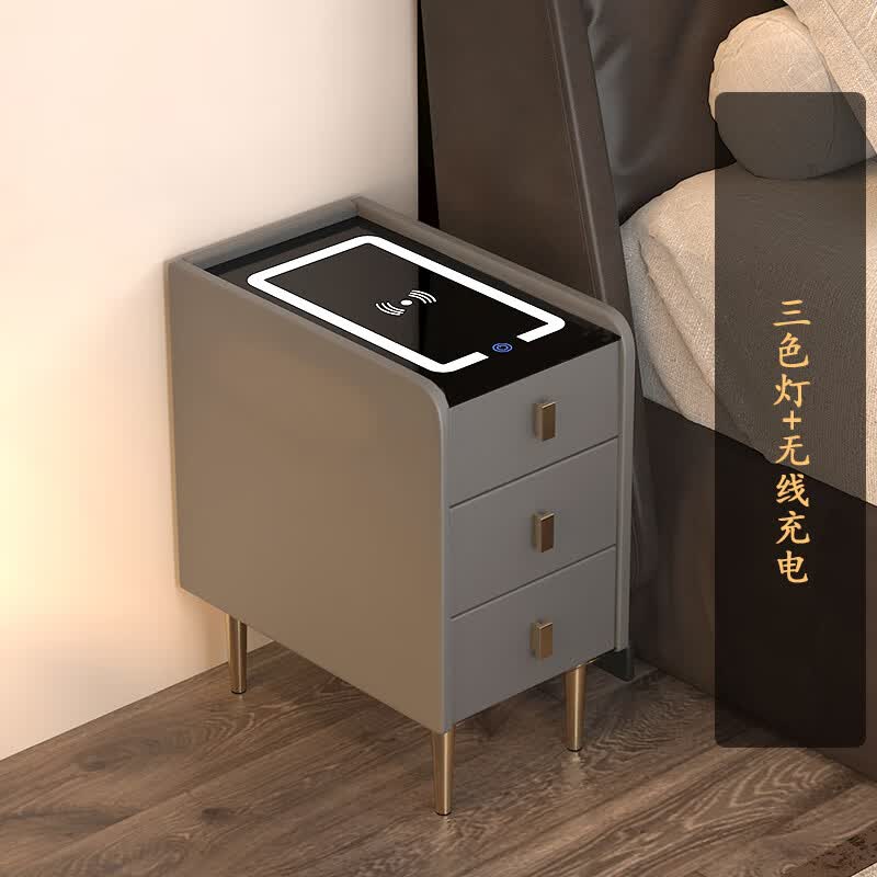 适用高级简约现代收纳实木床头柜窄小轻奢智能床边柜无线