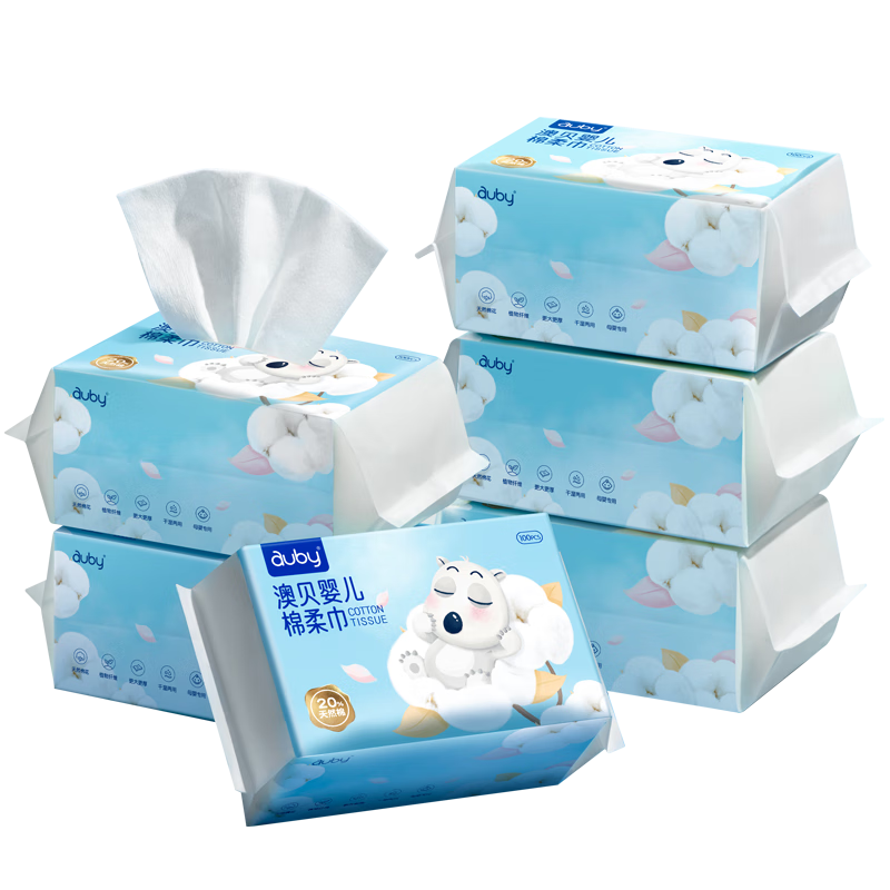 澳贝（auby）婴儿棉柔巾干湿两用宝宝专用新生儿洁面洗脸巾一次性100抽*6包
