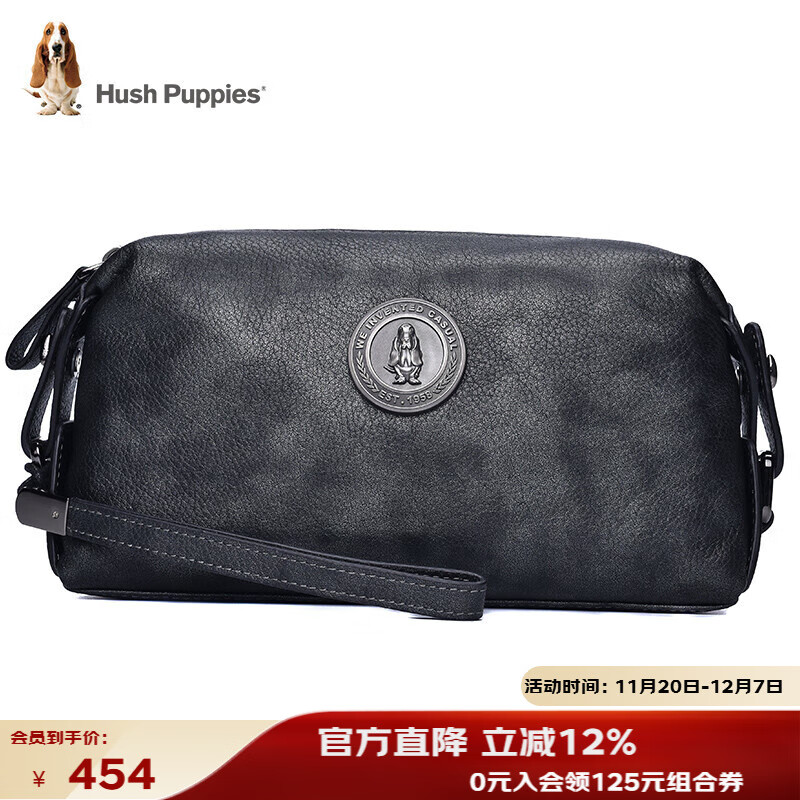 暇步士（Hush Puppies） 手拿包包头层牛皮大容量休闲商务男包银灰色送男朋友生日礼物