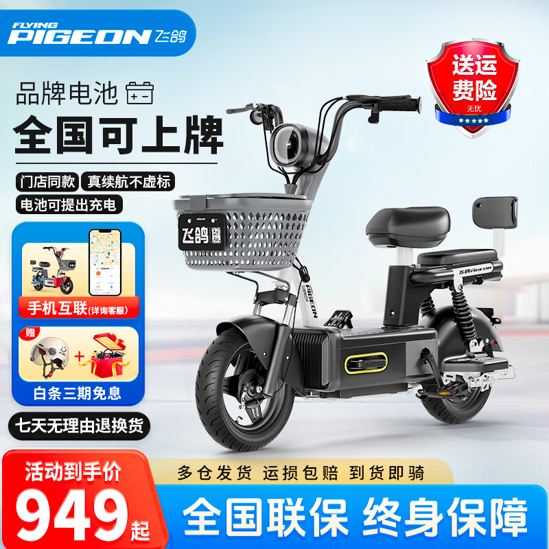 飞鸽电动车新国标电动自行车男女士电助力代步学生成人48V可上牌上班通勤小型电瓶车 曜石黑【智能快充/防爆抗寒/售后无忧】 【石墨烯】24A载能-助力续航100公里