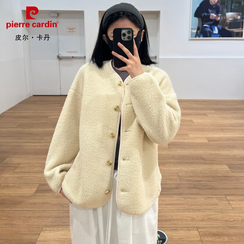 皮尔卡丹（pierre cardin）日单 女装仿羊羔绒摇粒绒休闲开衫长袖宽松外套25秋冬新款Y479616 乳白色 S