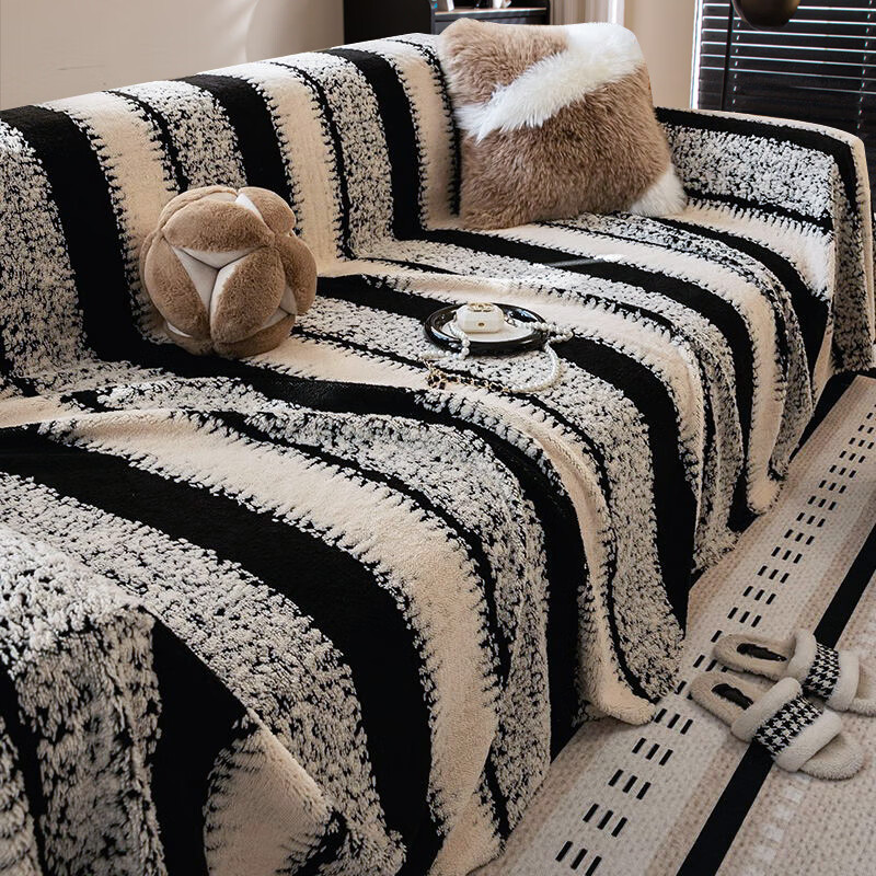 高睿加厚加绒沙发巾秋冬坐垫防猫抓全包万能套罩ins风一整张耐脏盖巾 轻奢黑白【亲肤舒棉绒一触即暖】 180cm*340cm 三人位