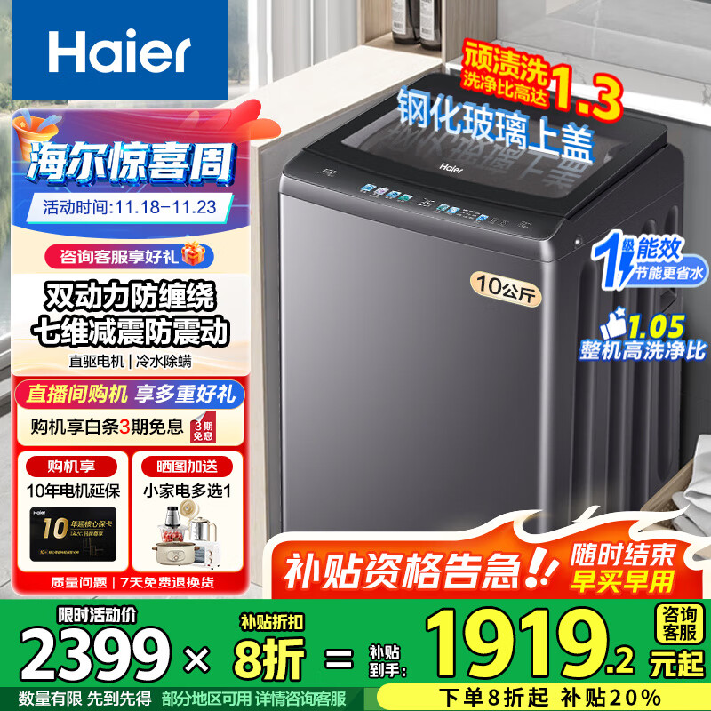 海尔（Haier）10公斤双动力波轮洗衣机直驱变频全自动洗衣机防缠绕懒人洗衣机家用出租一级能效省电 10kg+双动力+七维减震+直驱电机+电离除菌