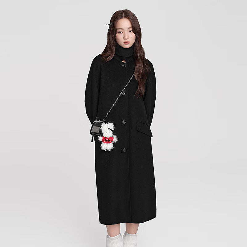 乐町【商场同款】100%羊毛大衣冬季A版落肩显瘦毛呢外套C1AAF4609 黑色（现货） S