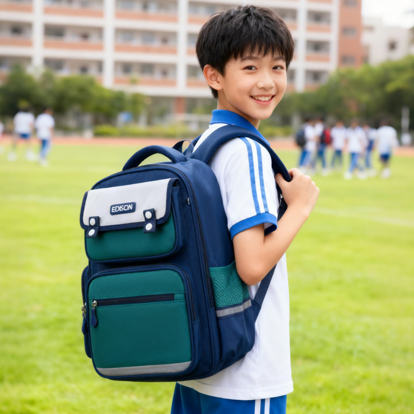 Edison小学生书包护脊减负反光大容量防泼水防下坠儿童背包2213-1蓝绿
