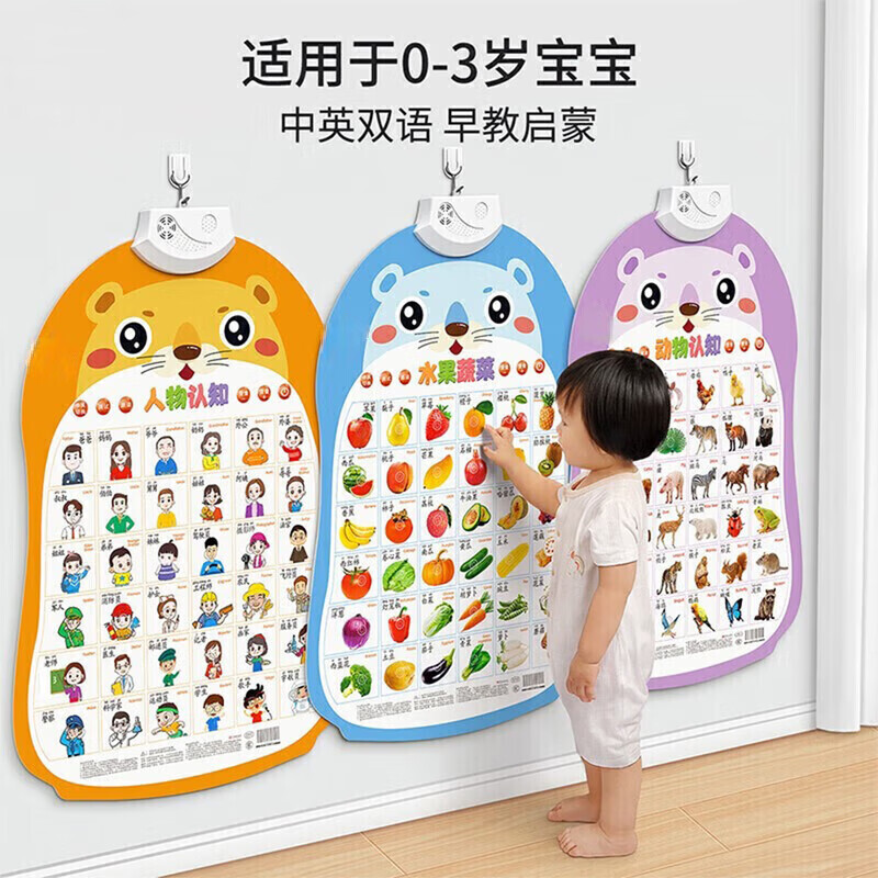 秘萌婴幼儿早教有声挂图玩具儿童认知动物人物水果点读发声墙贴套装
