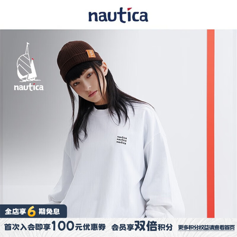 nautica white sail白帆×汤本弘通监制宽松男女同款长袖圆领T恤HYTW3322 白色1BW S