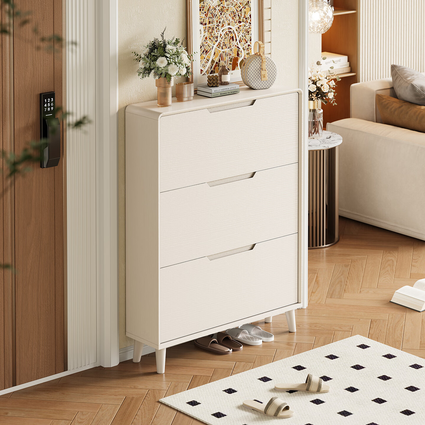 黄桃鞋柜门口入户柜超薄翻斗收纳柜一体靠墙楼道外家用 100长25宽120高(cm)实木 组装