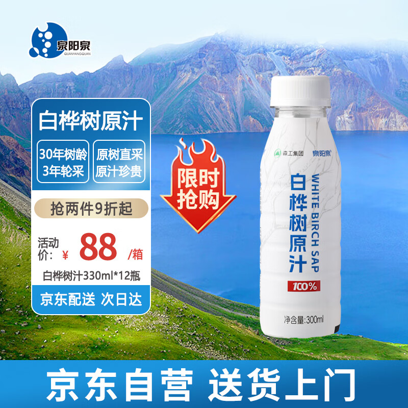 泉阳泉（QUANYANGQUAN）100%NFC白桦树汁原液300ml*12瓶长白山0脂天然植物饮料
