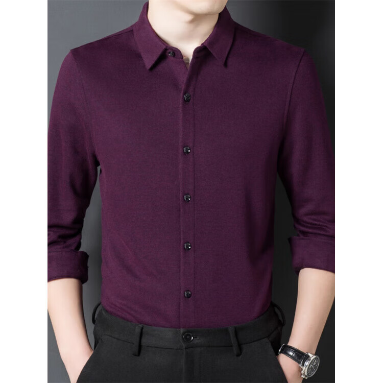 EMZ鄂尔多斯市高端磨毛羊绒男士衬衫长袖保暖秋商务中年加厚羊毛衬衣 深紫红大格子865 5XL 195