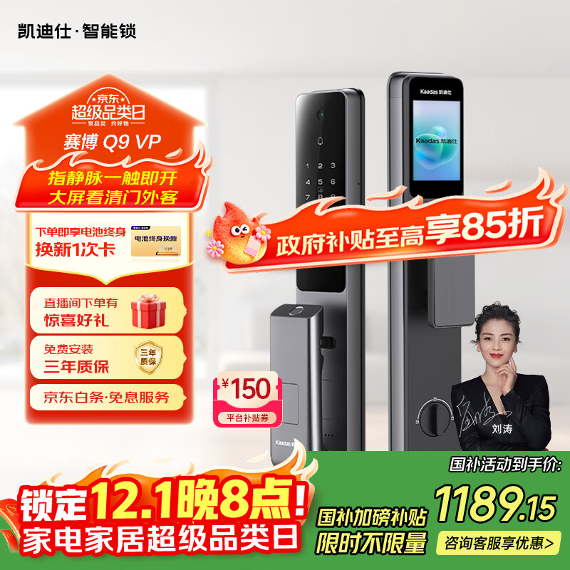 凯迪仕（kaadas）智能门锁指静脉智能锁指纹锁 可视猫眼密码锁  赛博Q9 VP星空灰