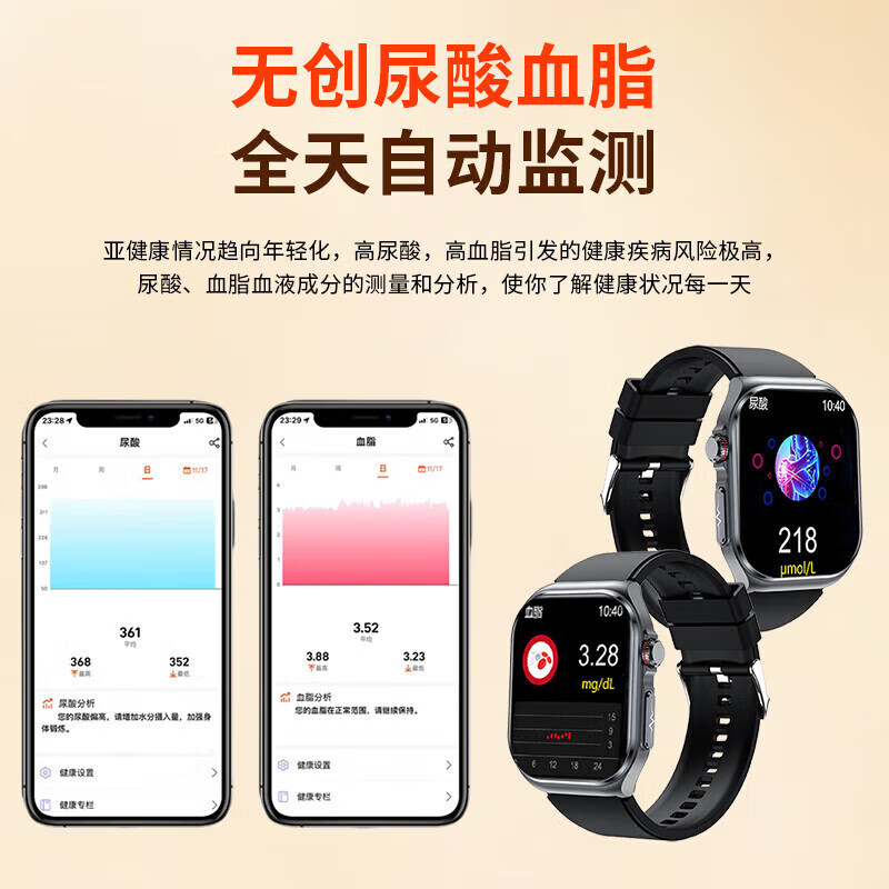 lieve华为机鸿蒙系统苹果机IOS适用精准血糖血压尿酸血脂血氧无创测心率心电运动智能健康手表环免扎针 ET585星耀黑（尿酸血脂血糖血压）