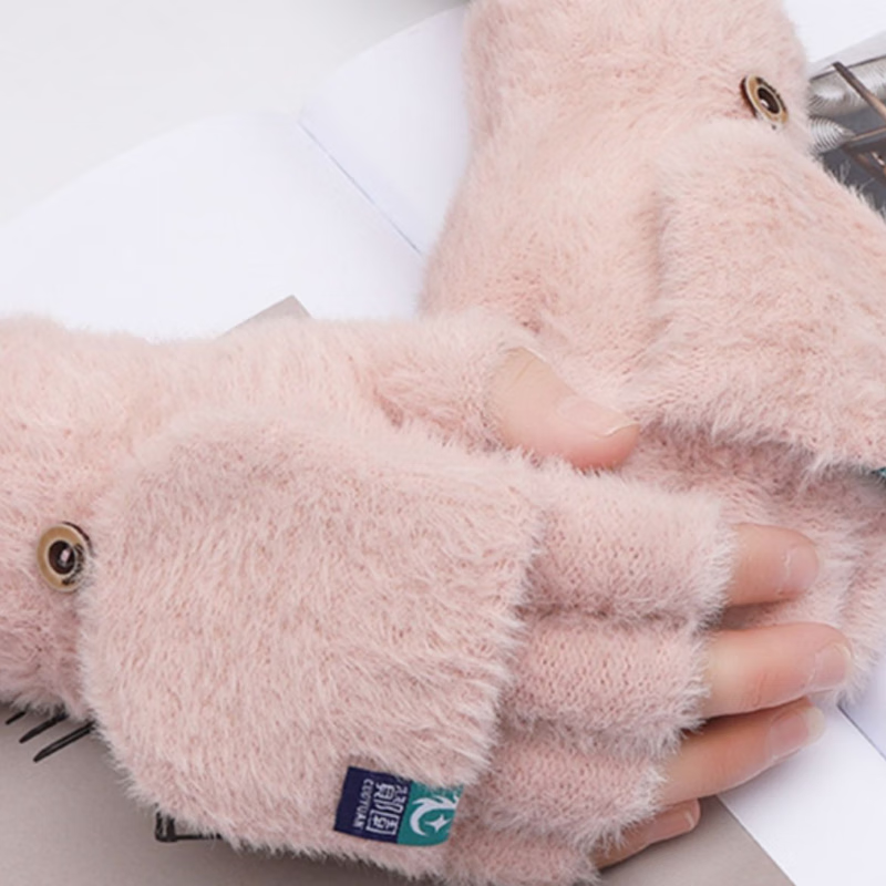 冬季加绒保暖毛绒半指翻盖手套女生学生写作业可爱防寒 深蓝 无规格