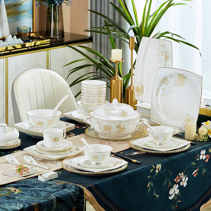 墨驰中欧式碗碟套装简约轻奢骨瓷餐具方形碗盘子组合家用结婚乔迁送礼 手工镶金方形水润60件 京东折扣/优惠券