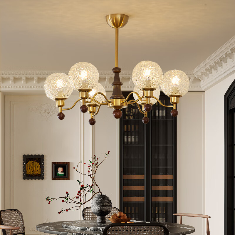 春在观木中古风客厅大厅吊灯法式高级感设计师主灯美式复古轻奢卧室餐厅灯 全光谱【TD9265-6头】胡桃色+金-三色光