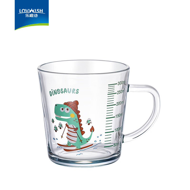 乐唯诗（NERVISHI）玻璃把杯刻度牛奶杯儿童吸管水杯泡冲奶粉专用大宝宝早餐杯 卡通牛奶裸杯【恐龙】300ml1只