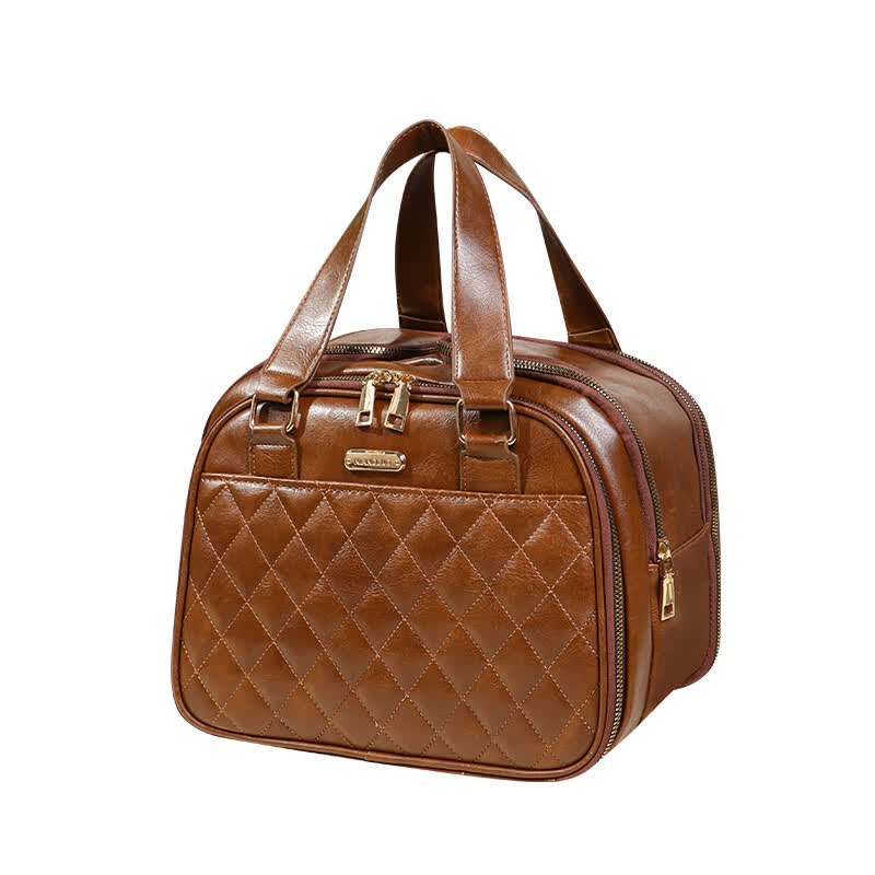 年多多圣诞节礼物高端轻奢手提化妆包女便携洗漱化妆品皮质防水收纳包 美拉德棕【真皮质感】