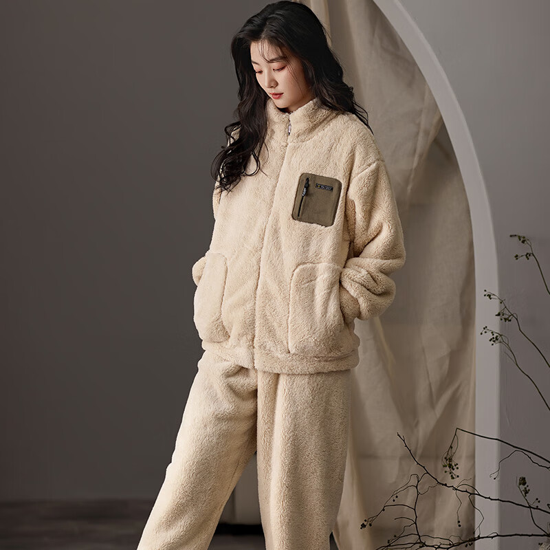 猫人【立领拉链可外穿】男士睡衣男冬季情侣睡衣羊羔绒家居服2025新品 米杏色 女款 M 【建议体重80-100斤】